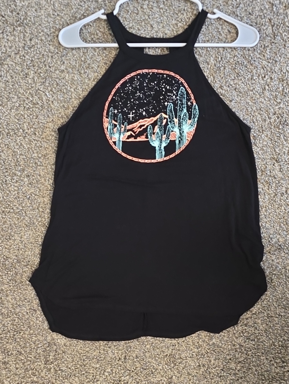 No Boundaries Black Halter Tank with Teal and Coral Cactus Graphic